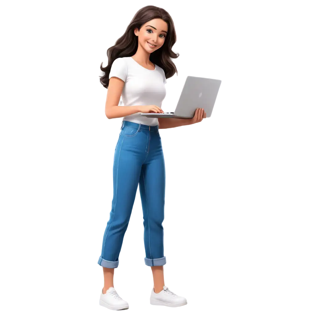 A girl in a cartoon style with medium wavy dark brown hair full length with a laptop in her hands nineteen years old in blue denim capris and a white t-shirt smiling