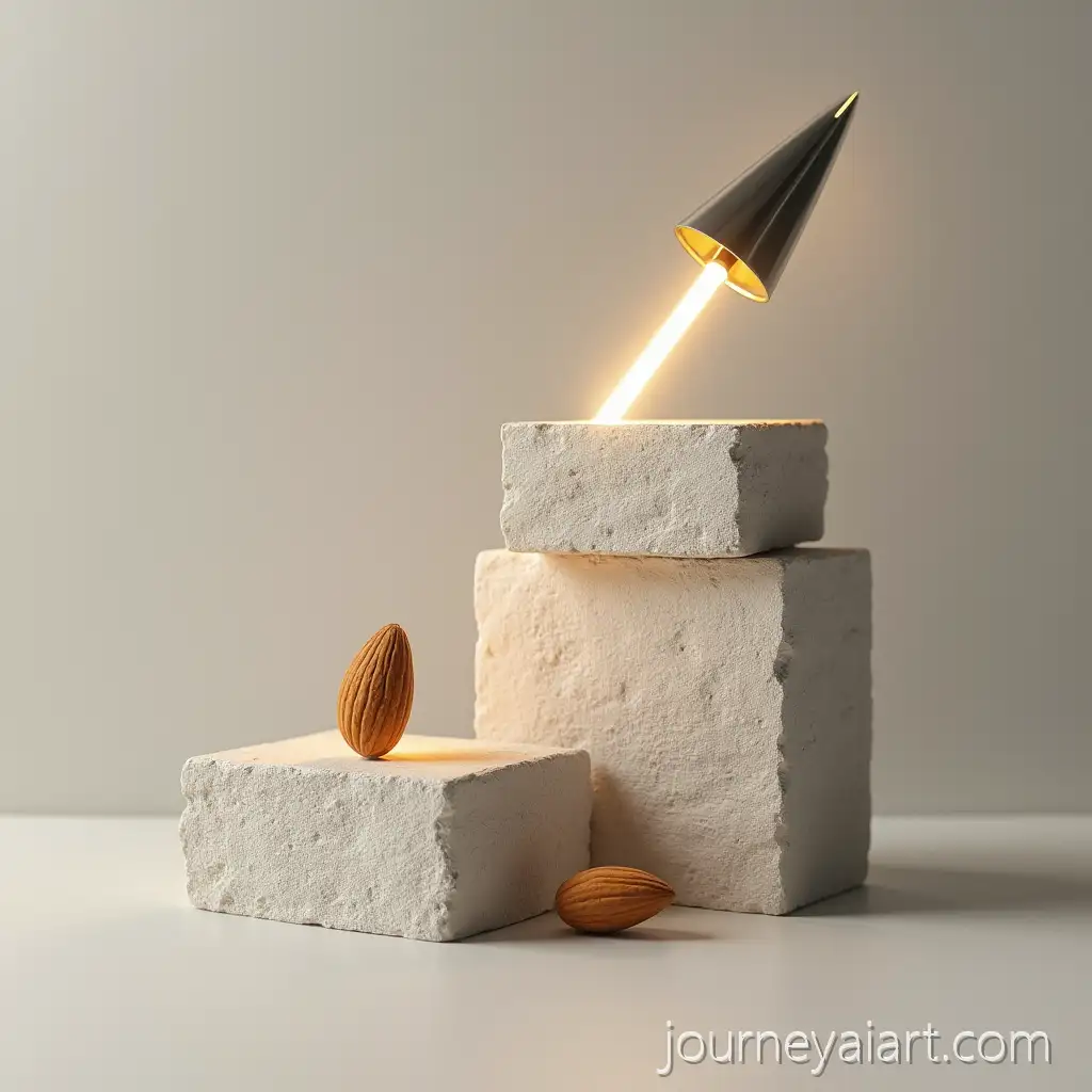Surreal-Industrial-Still-Life-with-Glowing-Metal-Arrow-Piercing-Luminous-Almond