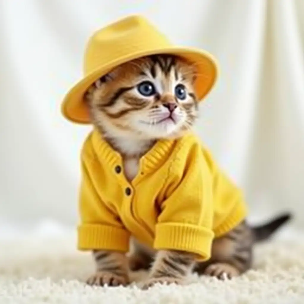 a real kitten in a yellow hat and a yellow sweater on a white curtain backdrop