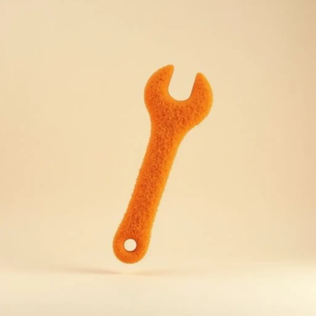 an orange fluffy wrench is hovering in the air, 3D, neutral background