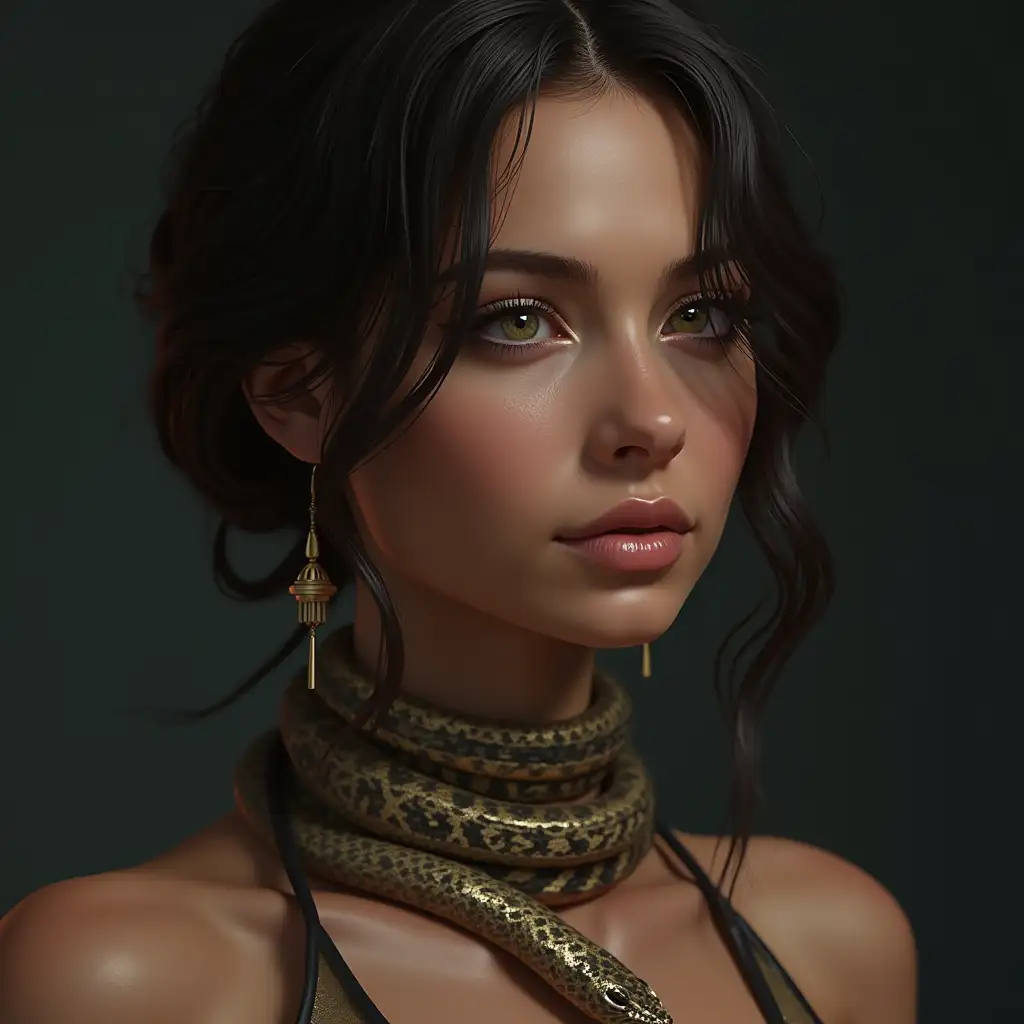 Ultra detailed hyperrealistic digital portrait a woman with snake-head necklace with flawless attention to texture, surfaces and lighting, to give depth, dimension and a photorealistic appearance.