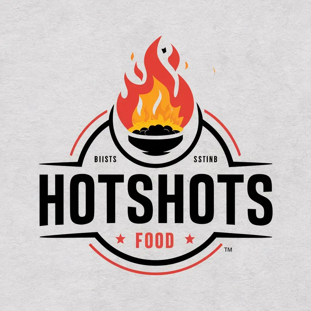 LOGO Design For HotShots Fiery Red and Yellow with Flame and Food Theme