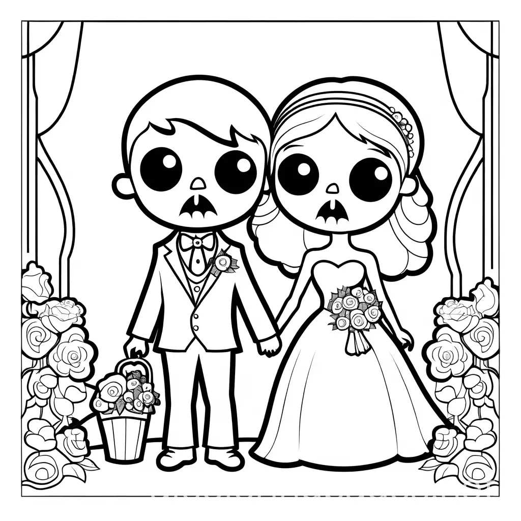 dead zombie kids couple wedding, Coloring Page, black and white, line art, white background, Simplicity, Ample White Space. The background of the coloring page is plain white to make it easy for young children to color within the lines. The outlines of all the subjects are easy to distinguish, making it simple for kids to color without too much difficulty