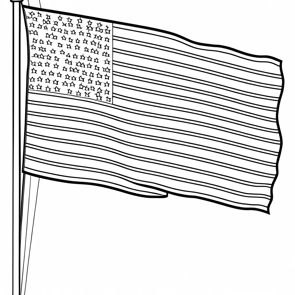 Line art. America flag, Coloring Page, black and white, line art, white background, Simplicity, Ample White Space. The background of the coloring page is plain white to make it easy for young children to color within the lines. The outlines of all the subjects are easy to distinguish, making it simple for kids to color without too much difficulty