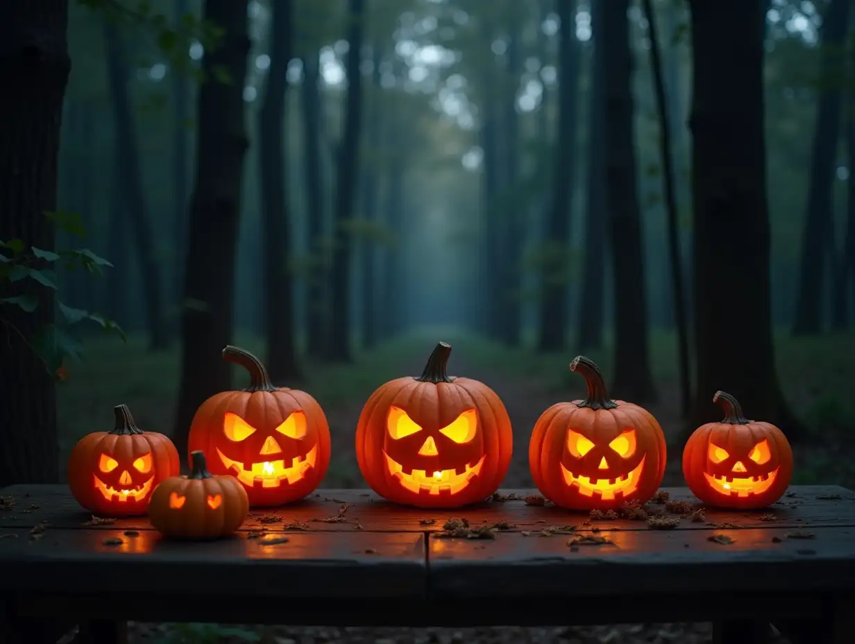 Spooky-Halloween-Lanterns-and-Pumpkins-on-a-Wooden-Table-Amidst-an-Enchanted-Forest