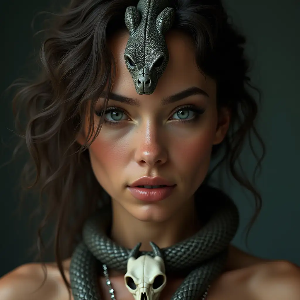 Ultradetailed hyperrealistic digital portrait of a woman with snake head and skull necklace with flawless attention to texture, surfaces and lighting, to give depth, dimension and a photorealistic appearance.