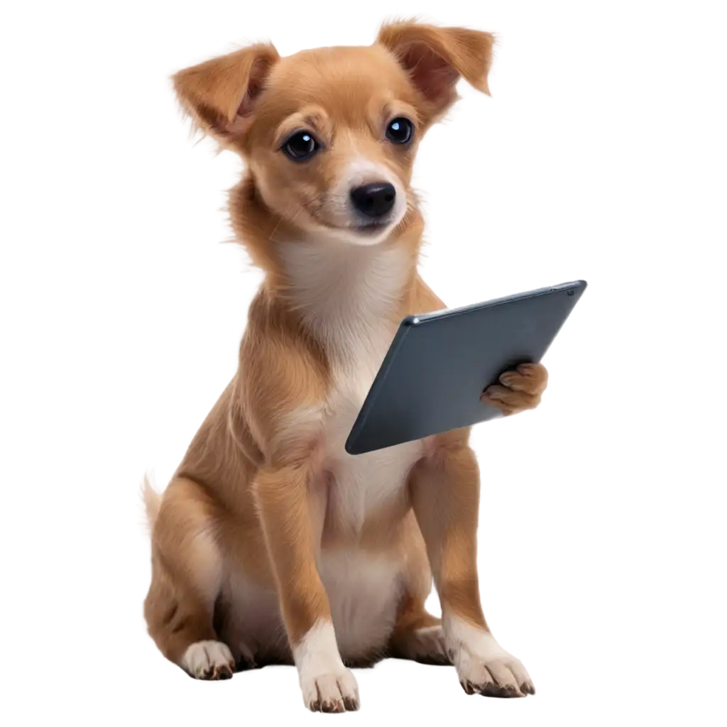 Side-Pose-of-Small-Dog-Looking-at-Lit-Tablet-on-Floor-PNG-Image-for-Clarity-and-Detail