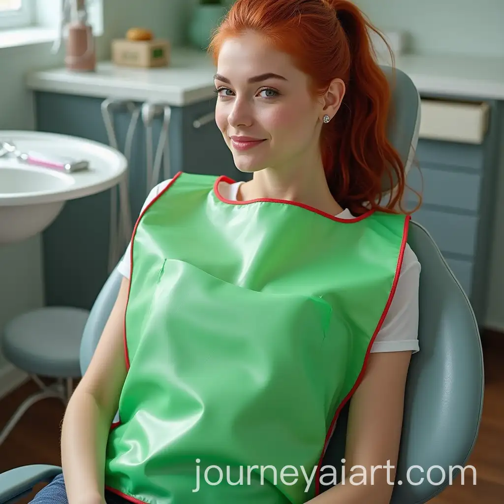 Woman-with-Long-Red-Hair-in-Dentists-Chair-Wearing-Green-Transparent-PVC-Mealtime-Bib