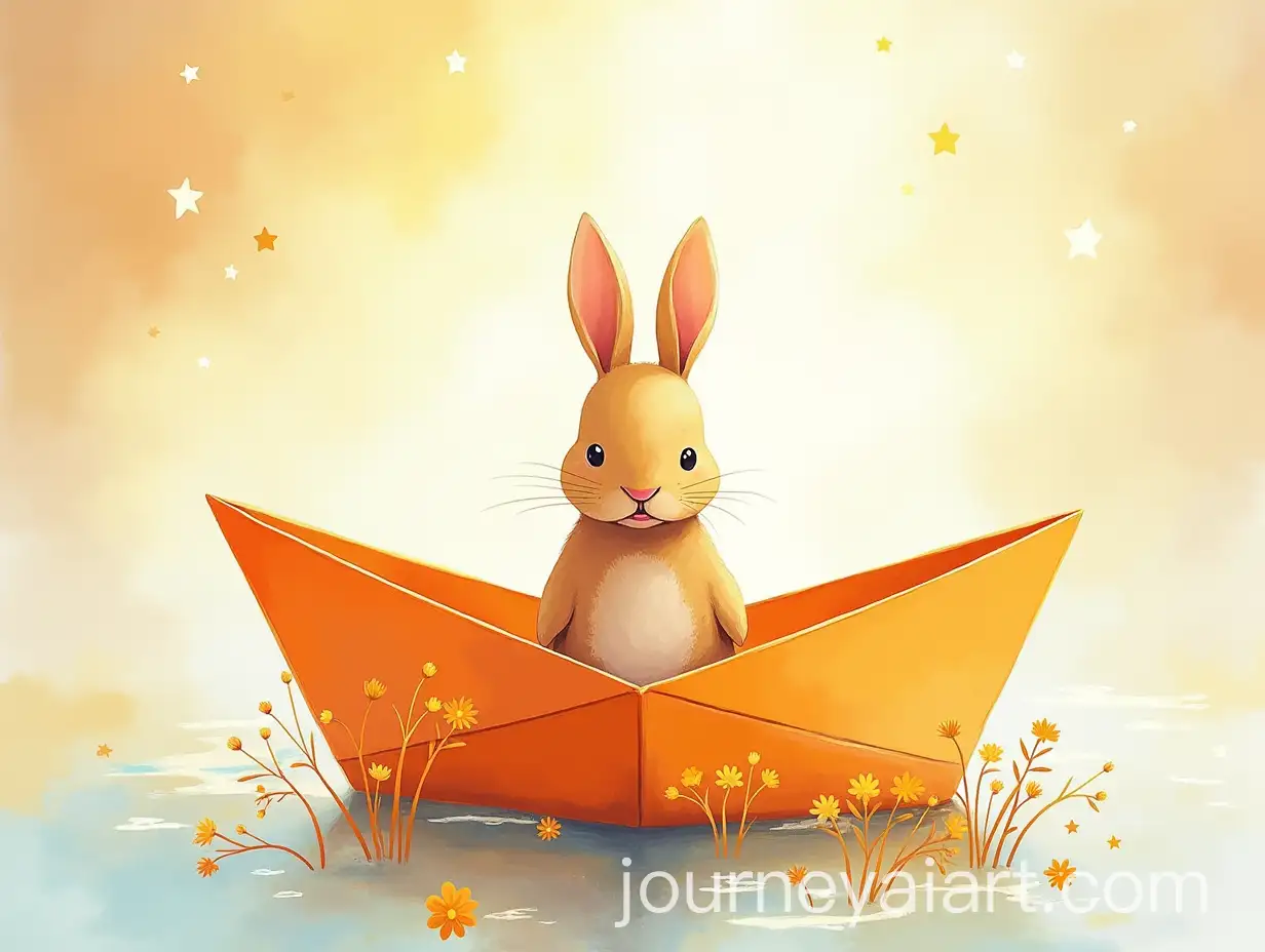 Whimsical-Rabbit-on-an-Orange-Paper-Boat-Under-a-Starry-Sky