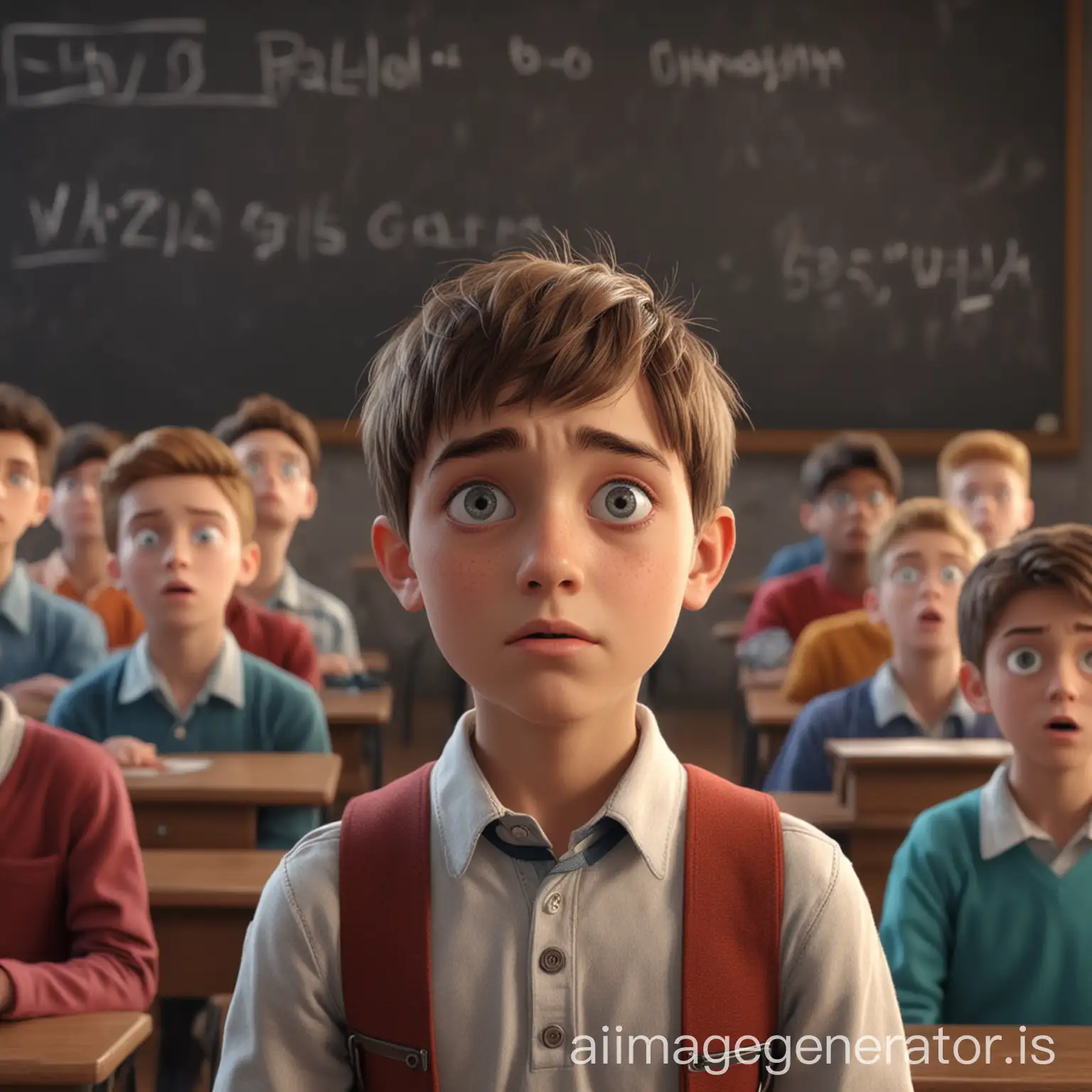 A teen boy standing in front of a class with nervous hands and wide eyes, thinking of alarm bells, while other students watch. 4k, realistic, 3d, colorful