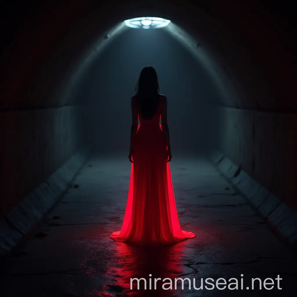 Woman in Red Digital Light Suit Inside Long Tunnel