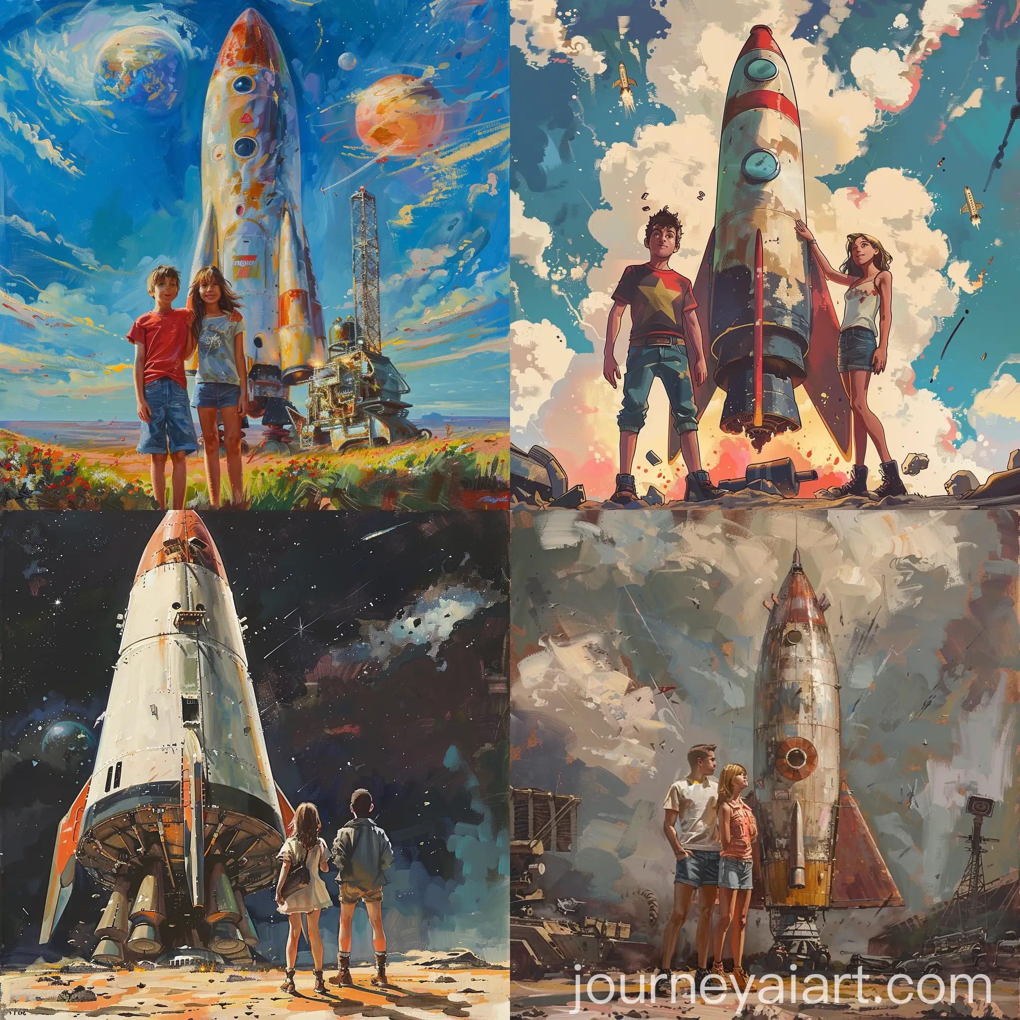 Teenage-Boy-and-Girl-near-Large-Rocket-Covered-with-Canvas