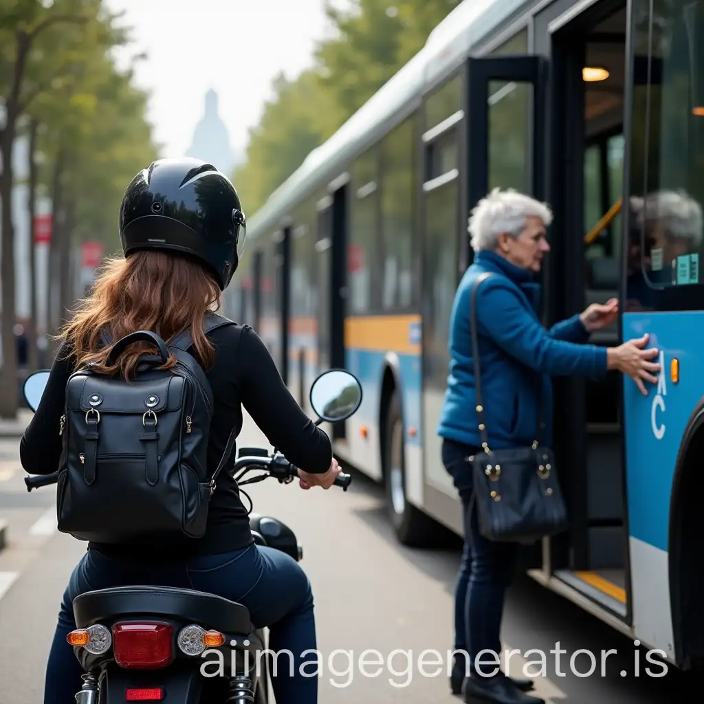 Young-Woman-on-Black-Motorcycle-Watching-Woman-in-Blue-Preparing-to-Board-Bus