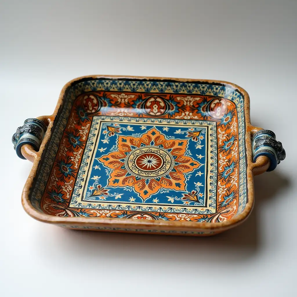 Square with rounded corners ceramic serving dish withe embossed beautiful handle, antique and old, Qajar art, Iranian Tabriz carpet design