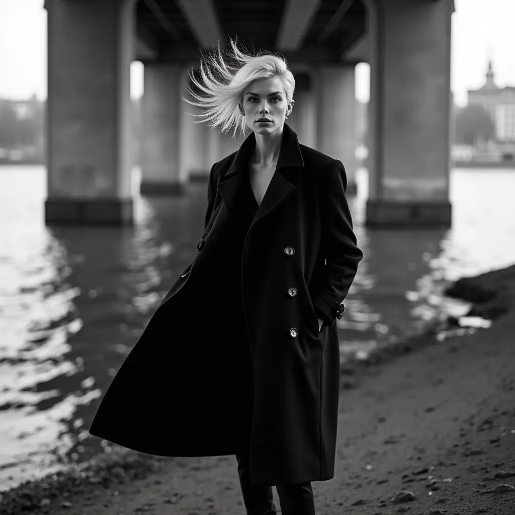 Stylish black and white photo, stylish elegant French woman model Eliza Kralewska with short white hair with a fashionable hairstyle in a long black coat open from the wind, in black high boots, stands under the bridge, against the background of the river and bridge supports, strong wind, stylish photo, in the style of Peter Lindbergh