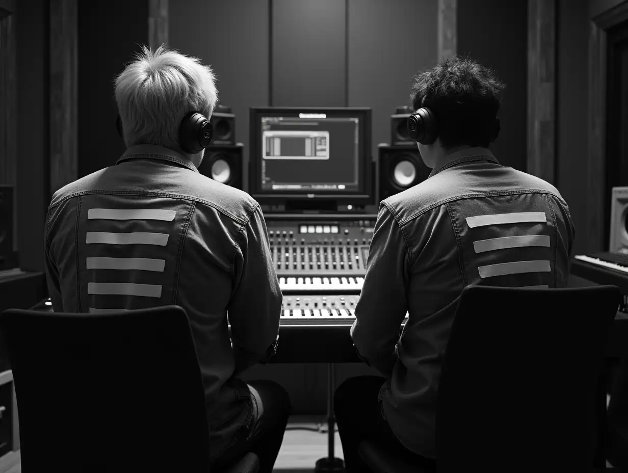 studio recording two producers with straitjacket shirt crazy, back photo in looking at the recording cabin, sitting facing all the studio equipments, black and white photo and what A.M.M