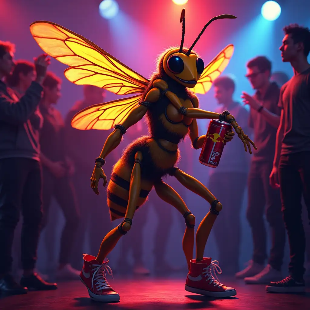 Wasp-Person-Dancing-with-People-in-Club-Holding-Red-Bull-Energy-Drink