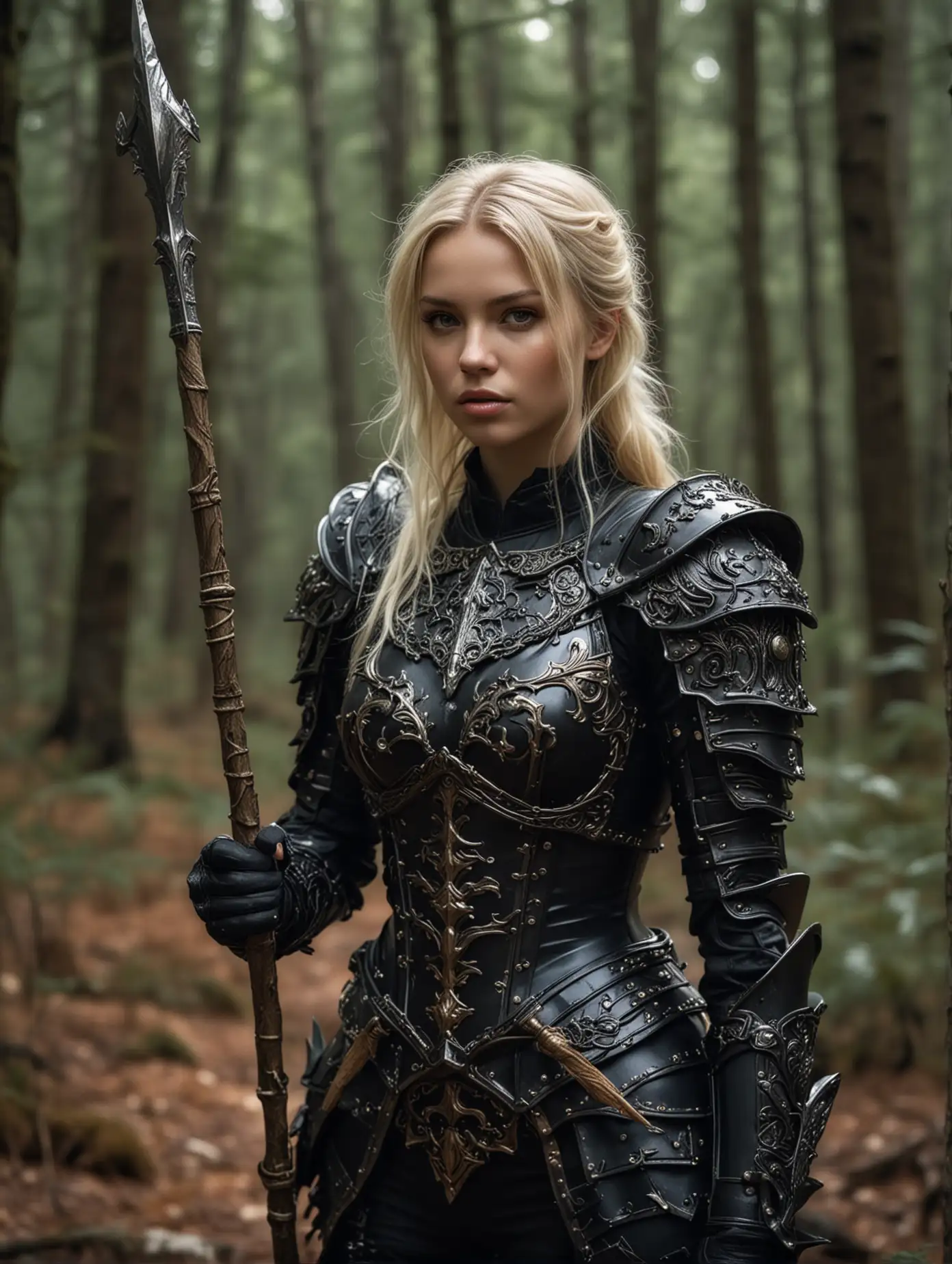 Gorgeous adventurer, round face, small waist, broad shoulders, blonde hair, wearing black fantasy armor, in forest, holding spear