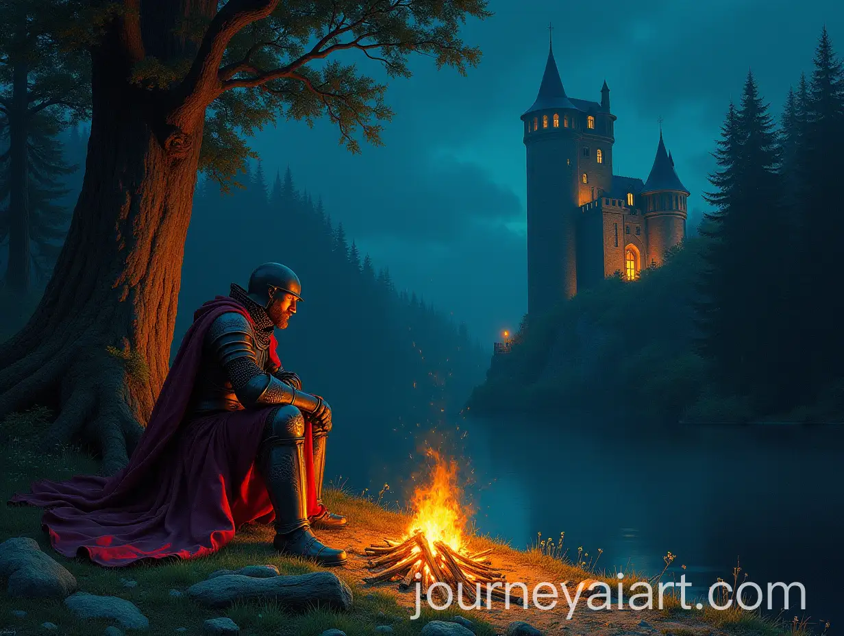 1970s-Dark-Fantasy-Knight-by-the-Fire-at-Forest-Edge-with-Castle-in-Background
