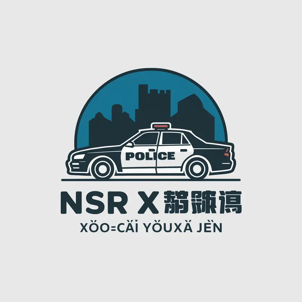 a vector logo design,with the text "NSR   Xiǎopīcài yóuxì jūn", main symbol:police car, police, city, night,Moderate,be used in Internet industry,clear background