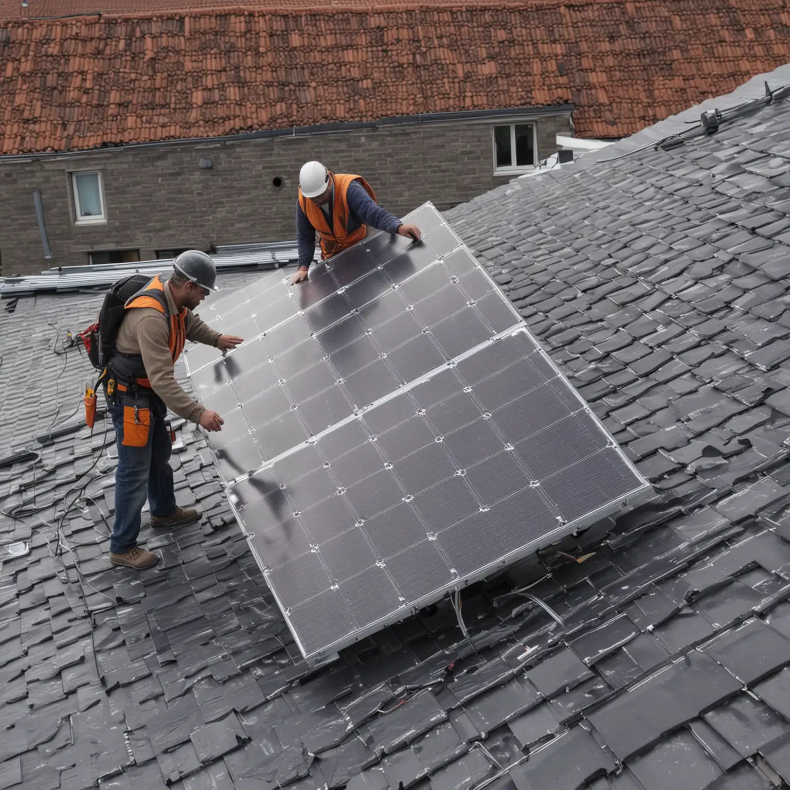 Two-Men-Installing-Photovoltaic-Panel-on-Rooftop-Together