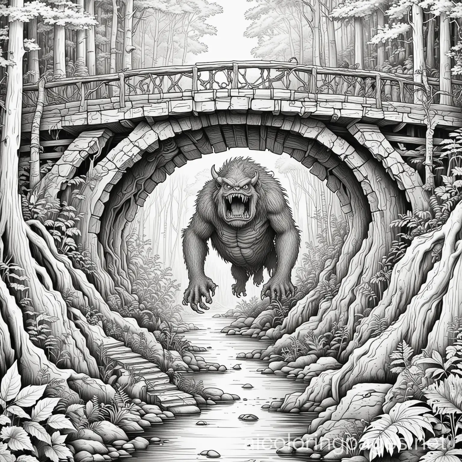 Monster-Under-a-Bridge-in-a-Scary-Forest-Coloring-Page