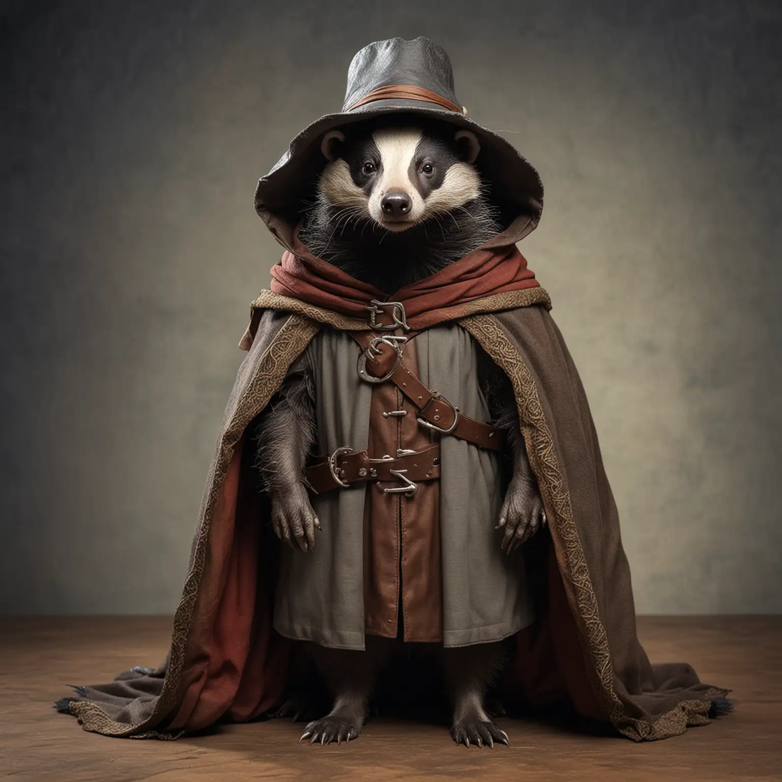 Medieval Traveler Badger in Cloak and Hat Standing Proudly