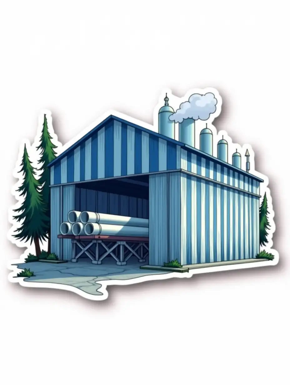 a curved cut-out laminated sticker with an image of an industrial factory building painted in alternating blue and white vertical stripes, a hangar with no window and a gable roof, bundles of metal pipes on supports made of metal trusses are directed towards it. in the background are thin fir trees. cut sticker design, high resolution, white background, paint in anime style