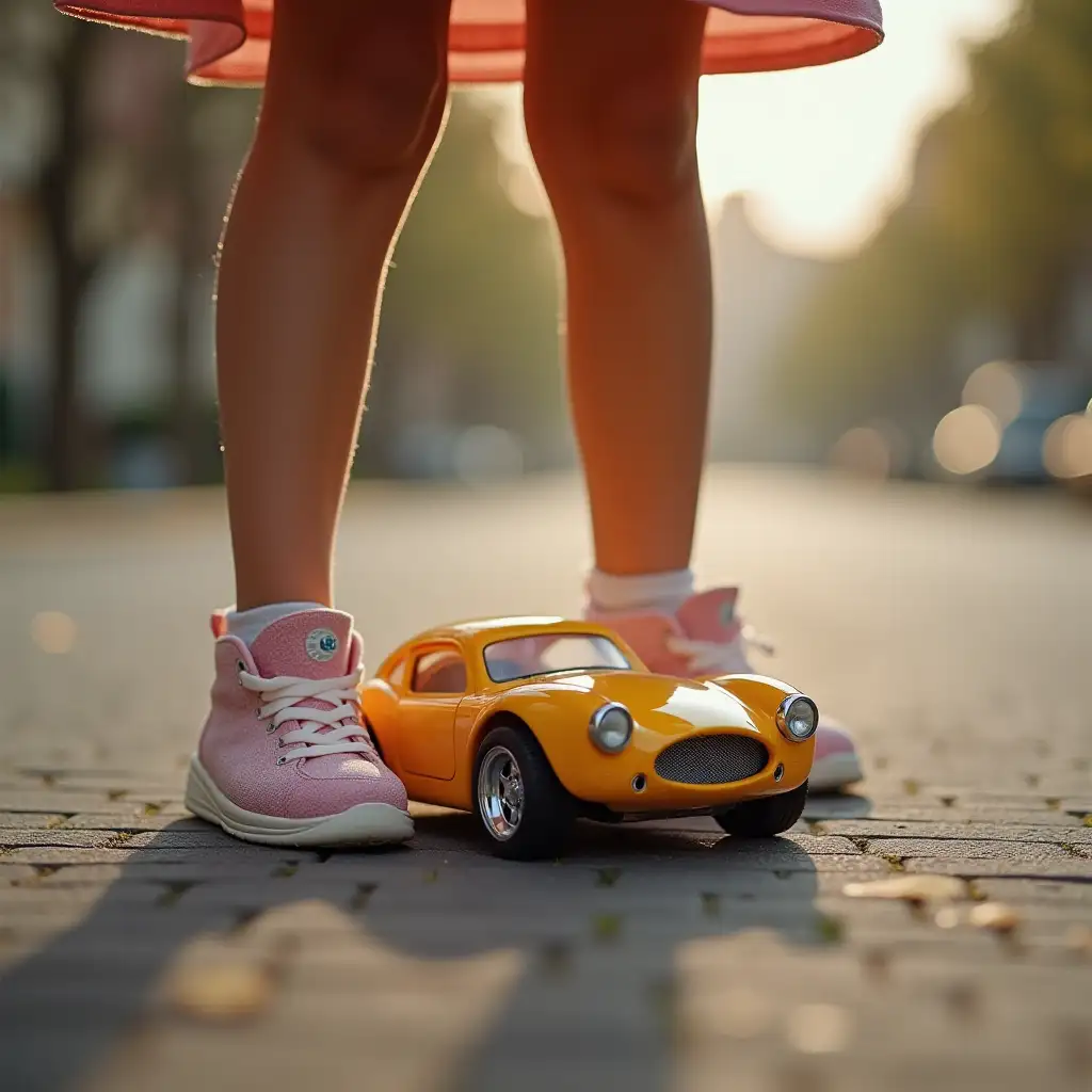 toy car under the girl's feet