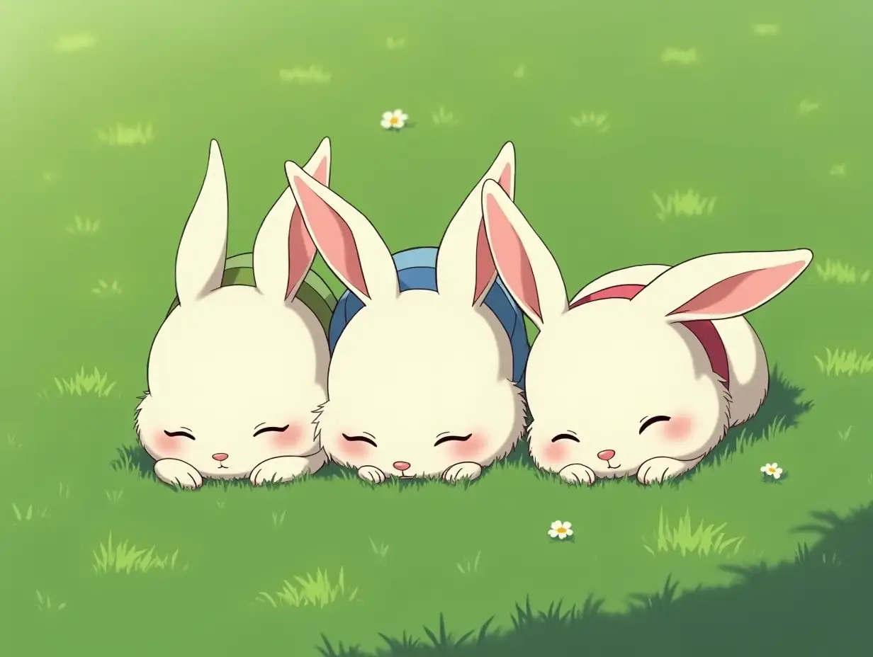 In the style of Studio Ghibli, create a whimsical scene featuring three white rabbit personified as a gentle character, peacefully sleeping on a lush green meadow like human with clothes. Face facing the camera, lying on the grass. The rabbit's fur is soft and fluffy, and the surrounding grass is vibrant and inviting, evoking a sense of comfort and tranquility.