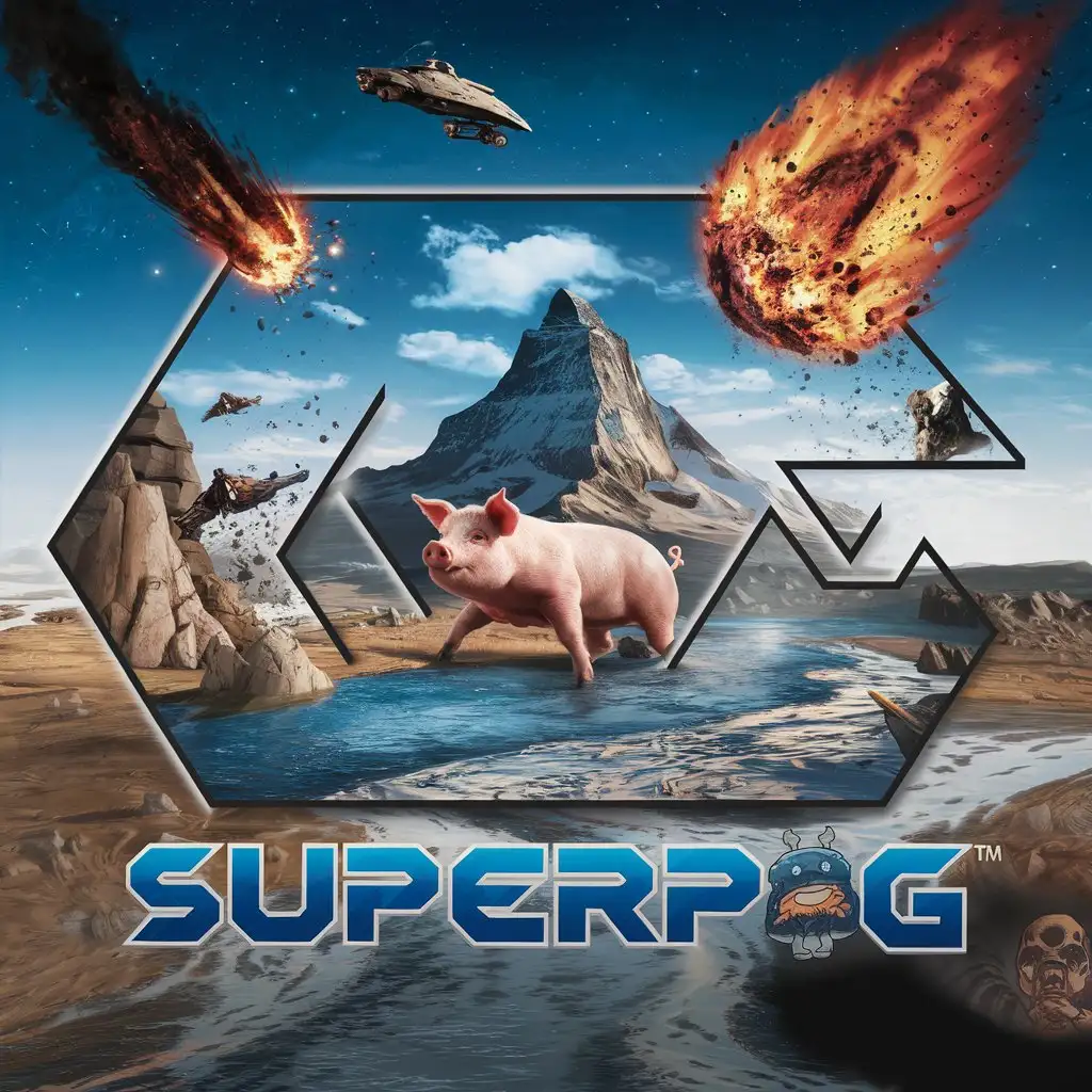 LOGO Design for Superpig Photorealistic Sky with Mountains River and Alien Conflict Theme