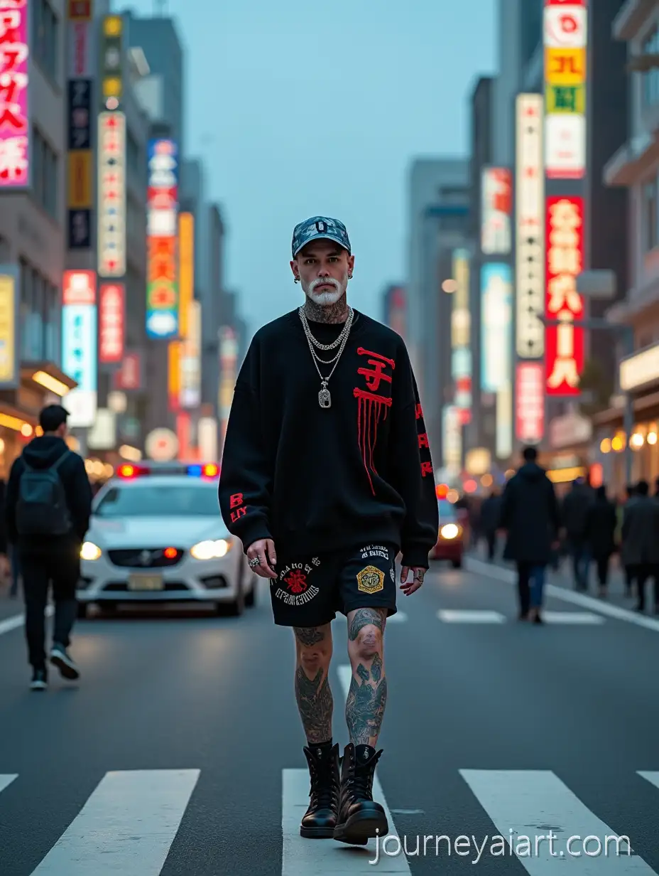 PaleSkinned-Man-with-Tattoos-Walking-Across-Tokyo-Crosswalk-in-NeonLit-StreetsNeotribal-street-fashion