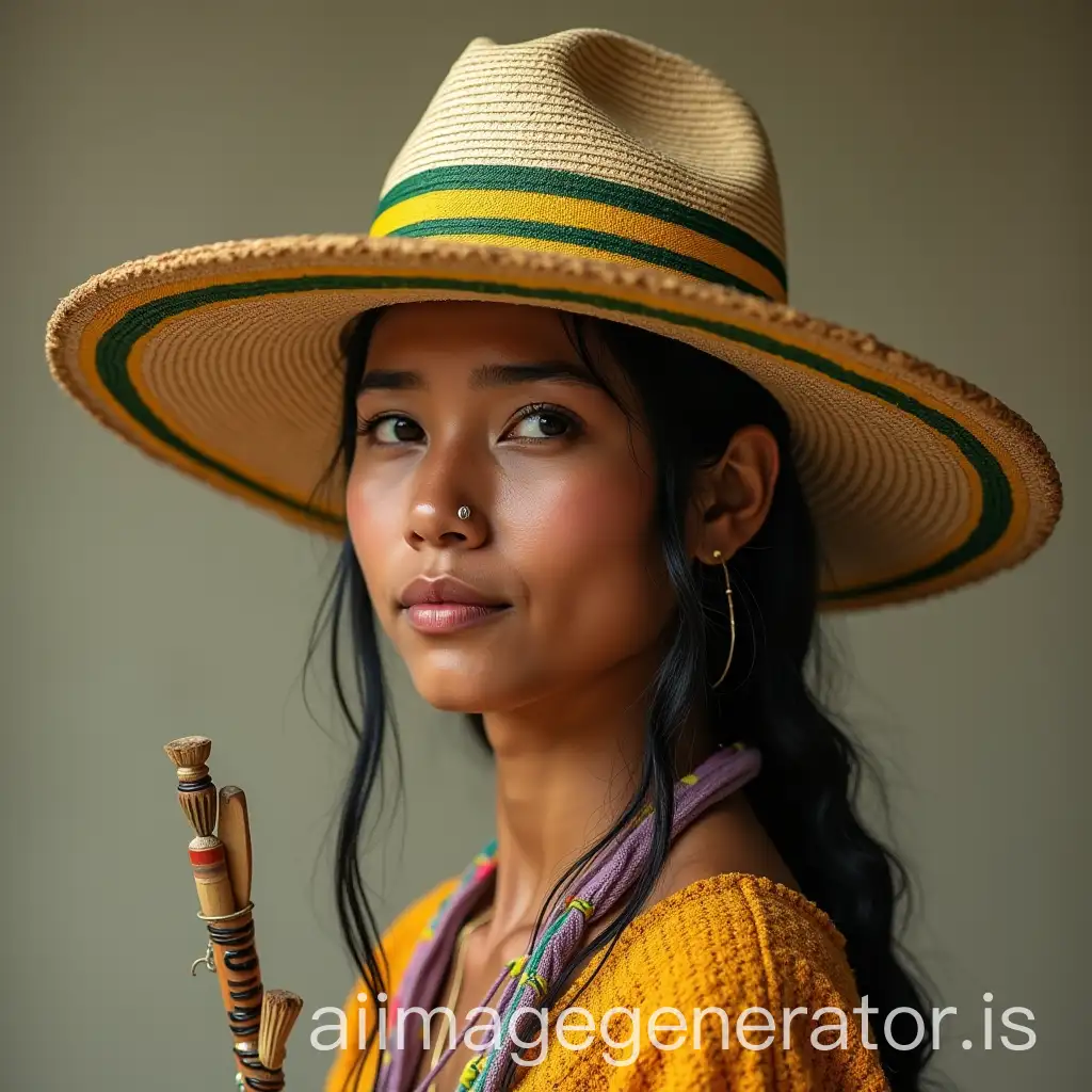 Indigenous-Woman-Learning-Languages-in-Vibrant-Striped-Attire