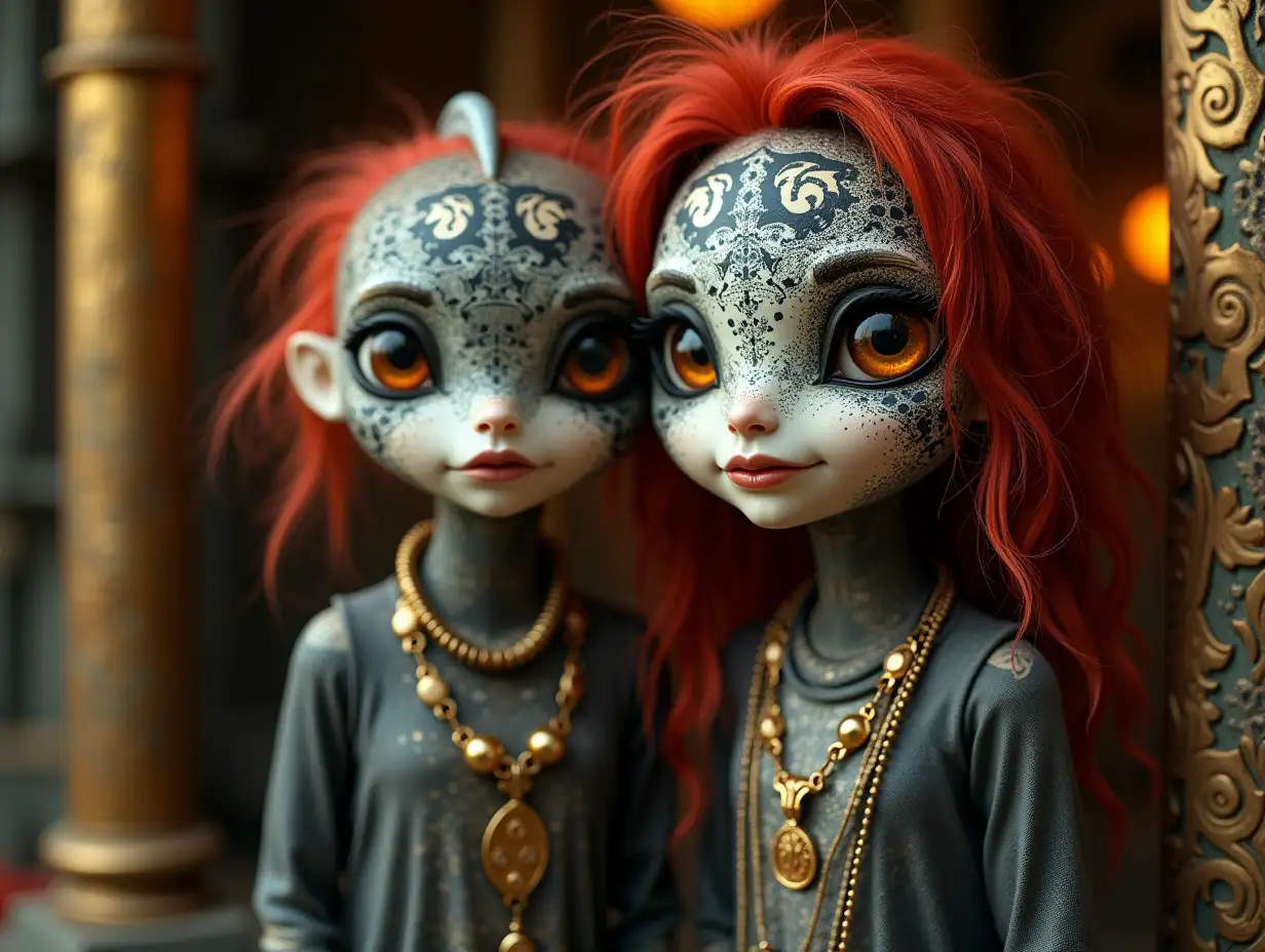 Two young black and white patterned Older Fish with Alien face, with red hair, with a slight smile on their face, underlines their smile, modern retro jewelry, in a Temple much Gold various shadings 4k