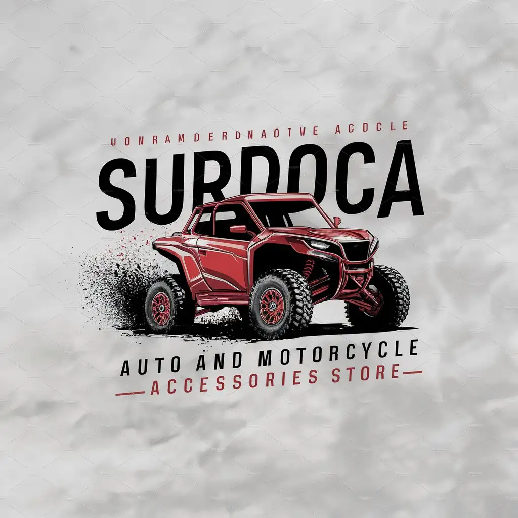 a logo design,with the text "Surdoca Auto And Motorcycle Accessories Store", main symbol:all-terrain vehicle, speed, dusty, Red color scheme,Moderate,be used in Automotive industry,clear background