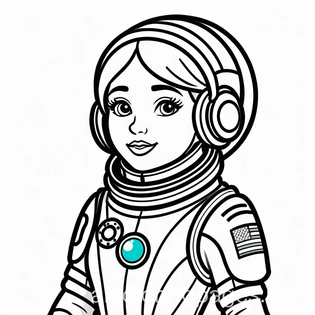 Princess astronaut, Coloring Page, black and white, line art, white background, Simplicity, Ample White Space. The background of the coloring page is plain white to make it easy for young children to color within the lines. The outlines of all the subjects are easy to distinguish, making it simple for kids to color without too much difficulty
