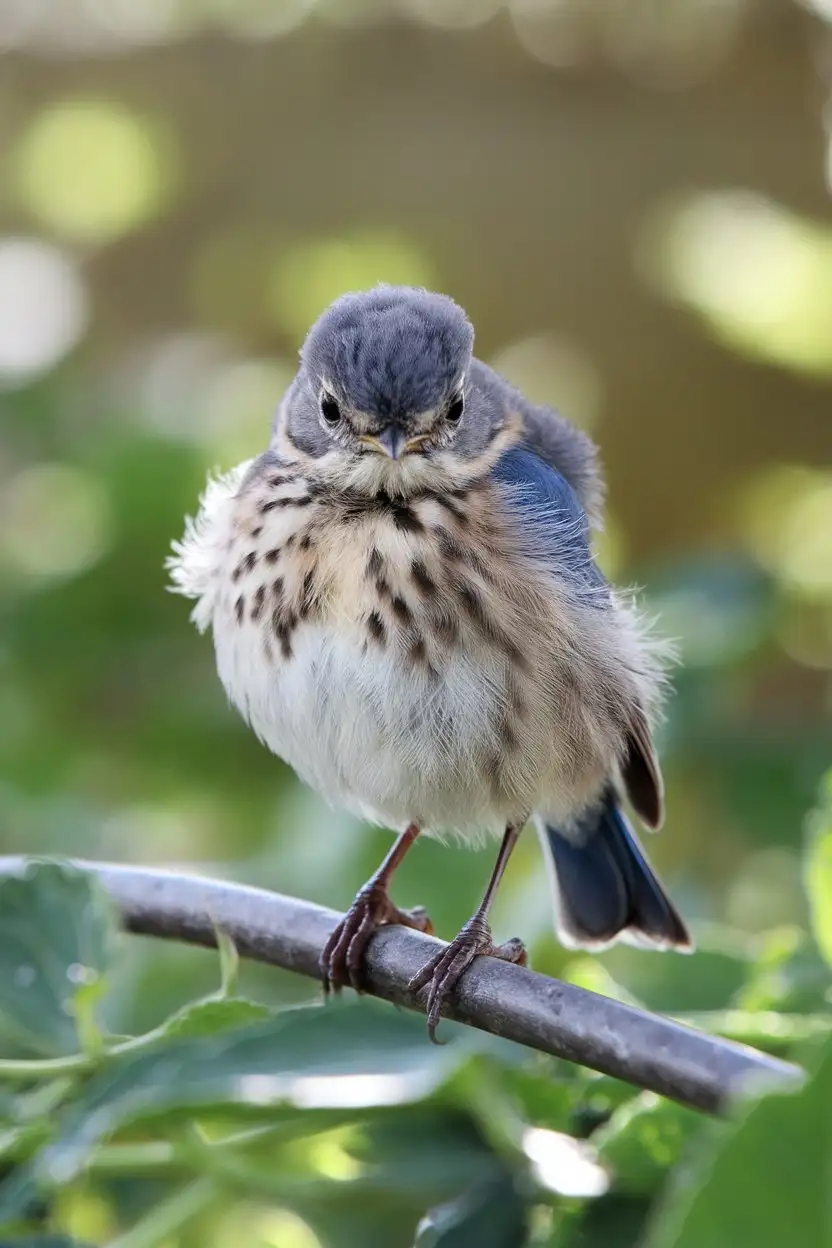 A young Eastern Bluebird fledgling perched on a low branch, with its speckled breast and developing blue feathers. The background should be a softly blurred green garden with dappled sunlight. The fledgling should have a slightly fluffy appearance and an inquisitive expression. Focus on the soft texture of its downy feathers.