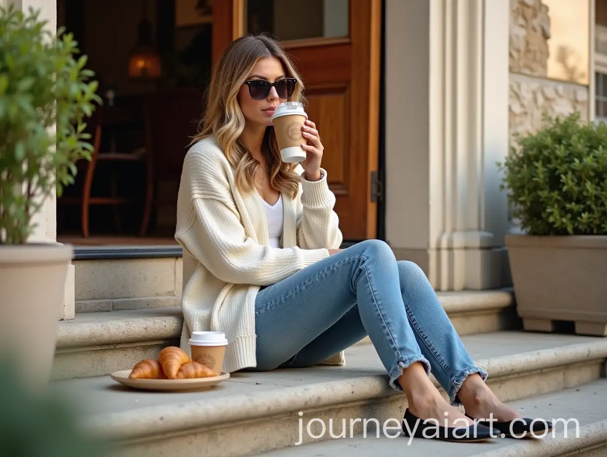 StylAI-Image-Prompt-Expansionish-Woman-Enjoying-Iced-Coffee-on-Charming-Stone-Steps-in-a-Cozy-City-Setting
