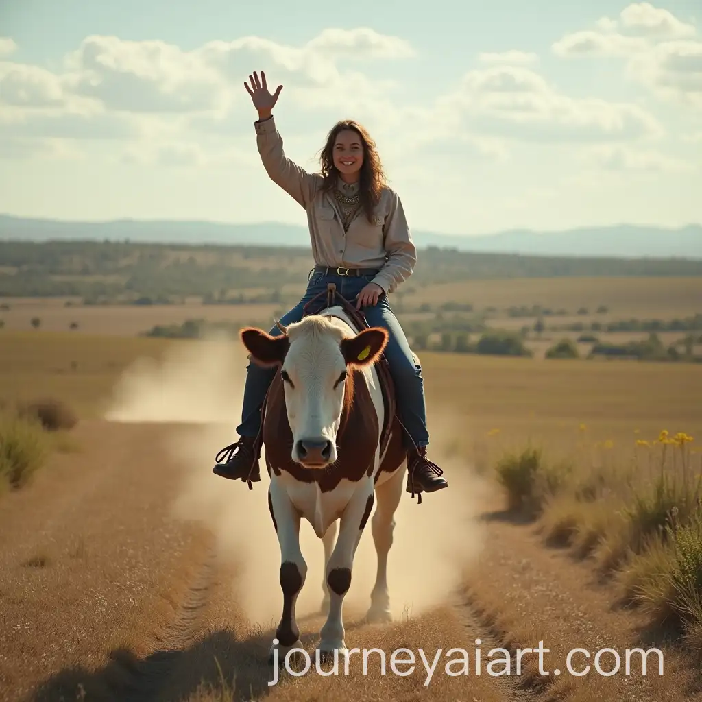 Woman-Waving-Goodbye-While-Riding-a-Cow