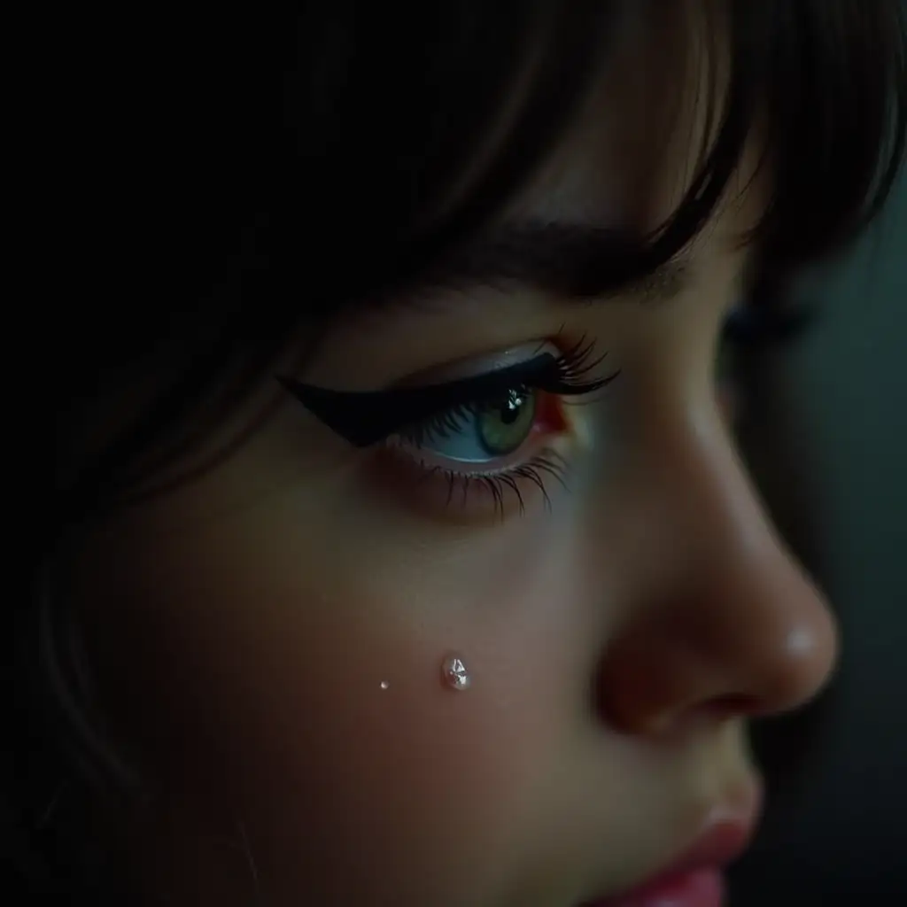 Emotional-Urban-Portrait-Young-European-Woman-Wiping-Tear-with-Bold-Eyeliner