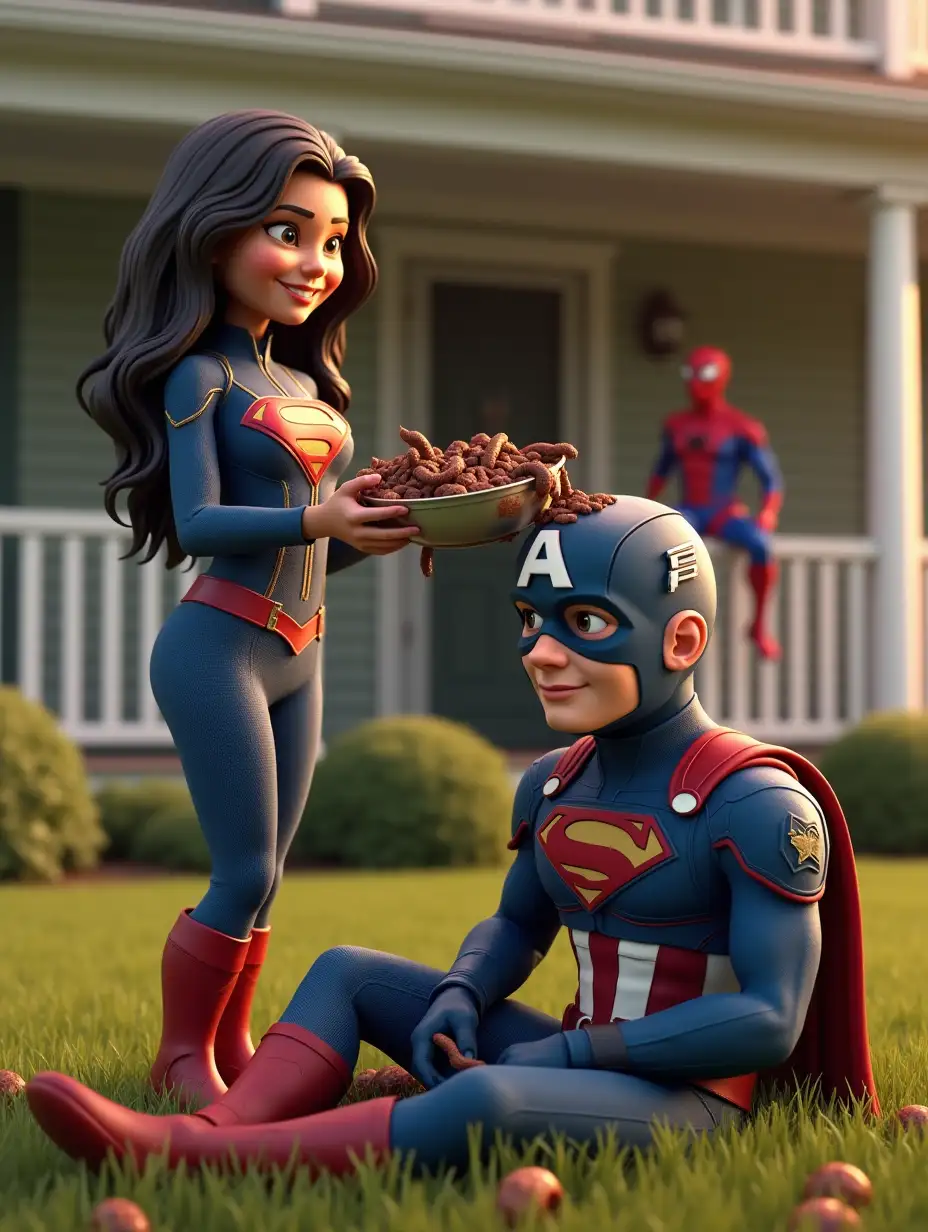 A highly detailed 3D-rendered image of a female superhero, inspired by Supergirl, standing in a sunny suburban backyard, holding a metal bowl filled with chocolate batter and worms. She has long, wavy dark hair and a playful smile. She is playfully pouring the messy chocolate mixture onto Captain America’s head as he sits on the grass, looking amused. His blue suit, complete with the signature 'A' on his helmet, is splattered with the gooey mixture, adding a humorous and lighthearted touch. In the background, another superhero, possibly Spider-Man, casually watches from the porch of a classic suburban house with white railings and a well-kept lawn. The warm, golden lighting enhances the realism, with ultra-high-definition textures, soft shadows, and ray-traced reflections giving the scene a cinematic and immersive look. Rendered in 4K resolution with stunning depth and details.