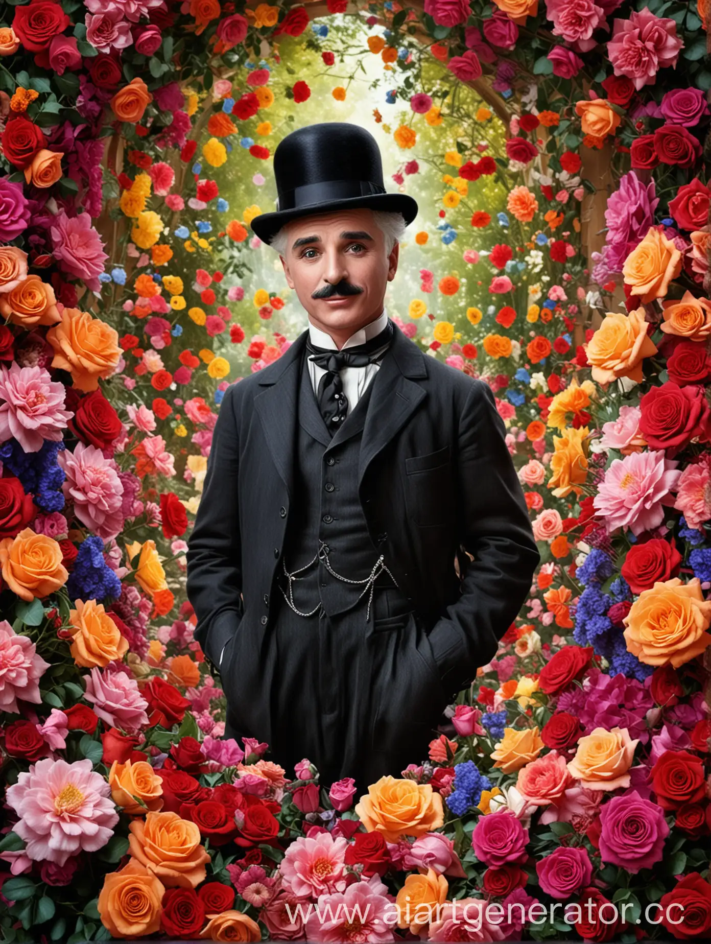 Charlie-Chaplin-Surrounded-by-Colorful-Magical-Flowers-and-Roses