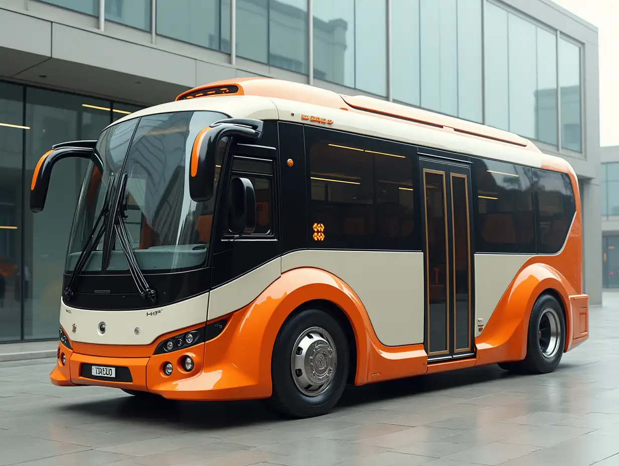 Supermodern bus with winglets, lowered, aluminum wheels, cream, black orange colors, Cyberpunk