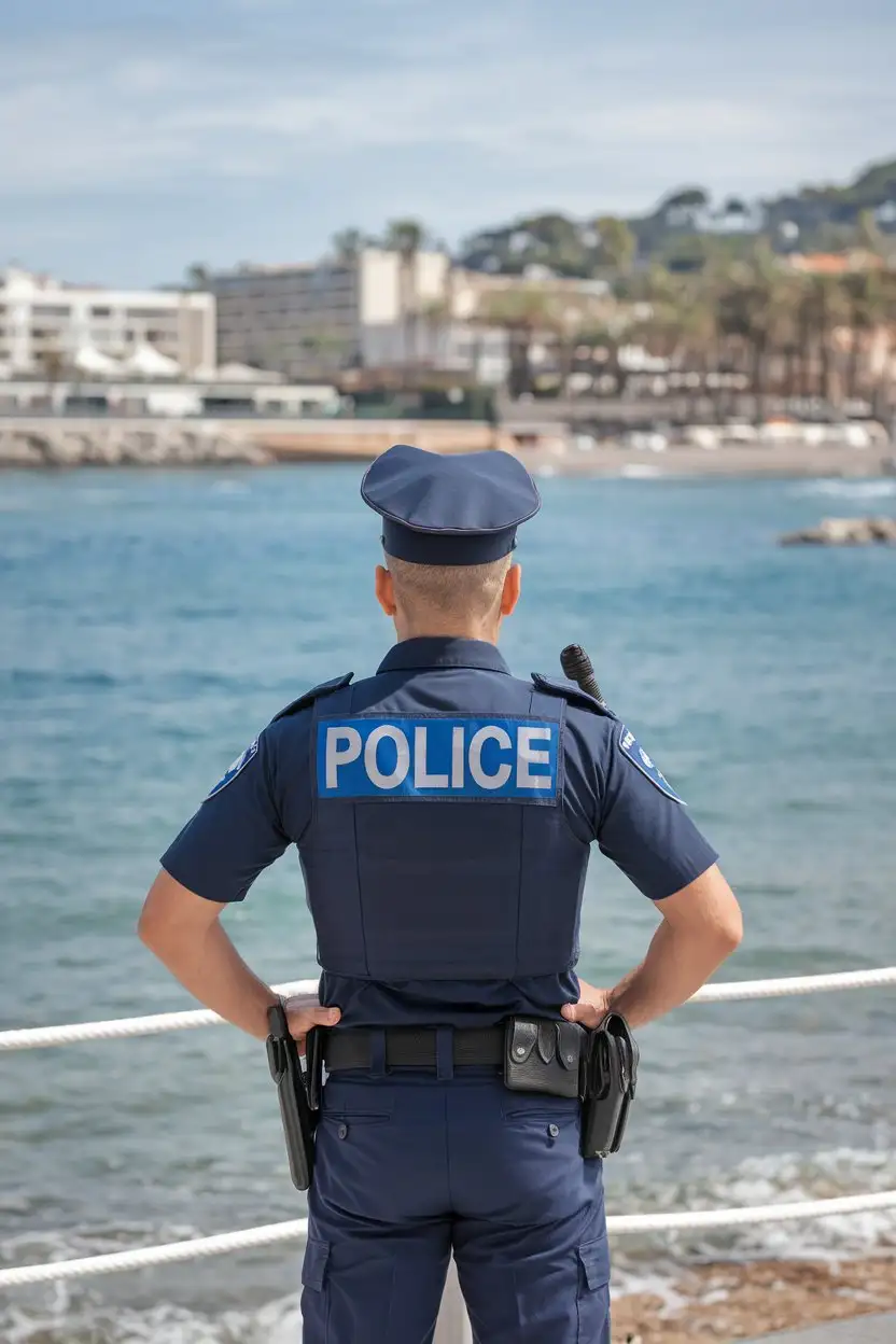 A municipal police officer of two in front of the beach of Cannes La Bocca