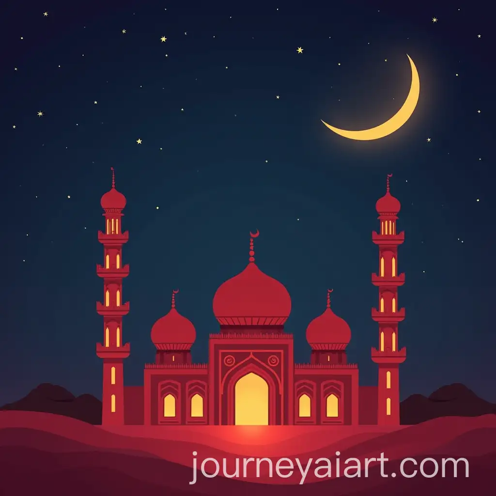 Eid-Card-with-Red-Mosque-Crescent-Moon-and-Starry-Sky