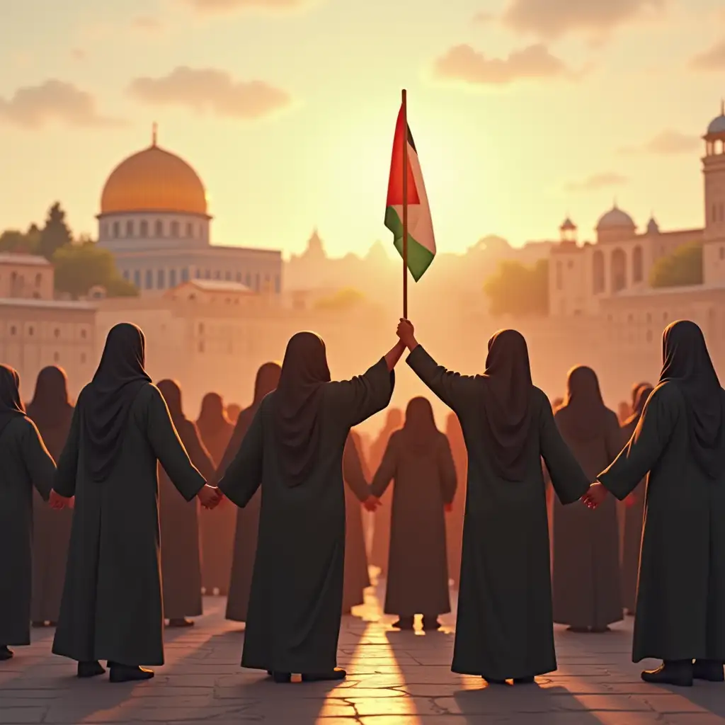 Large square – Women and men hand in hand, all hijabi and in unity, holding up the Palestine flag, praying together in the open (Al-Aqsa mosque in the background). Semi-realistic digital art warm ambient lighting modern animation style, story-driven, culturally accurate