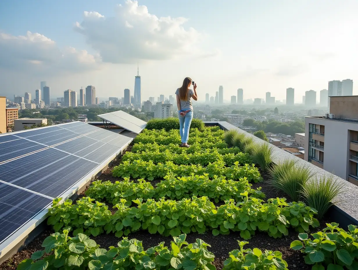 Green Rooftop with Solar Panels and Urban Farming Integrating Sustainability into Urban Living