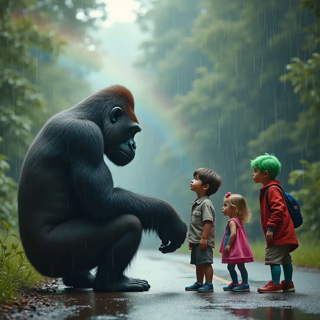 Giant-Gorilla-Taking-Photo-of-Kids-and-Clown-in-a-Rainy-Forest-with-Rainbow