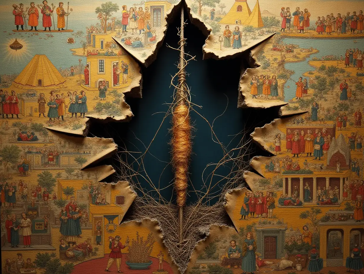 A towering tapestry woven from human hair and gold thread, depicting idyllic villages and just rulers. But the fabric is torn diagonally, revealing a hidden layer beneath: cities burning, slaves building pyramids, and boardrooms where shadowy figures trade blood-diamond contracts. Needles hover mid-air, stitching lies over the rot. At the center, a single thread glows—a DNA helix entwined with thorns.