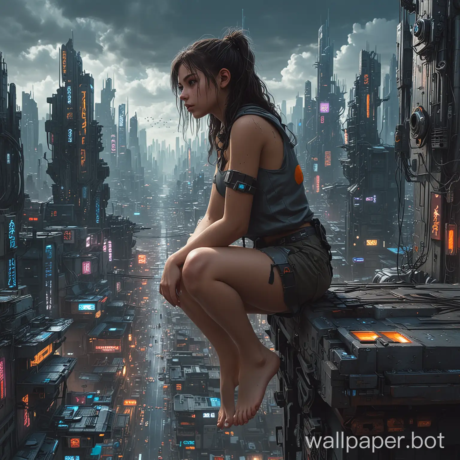 a cute young girl with bare feet looking out over a cyberpunk city